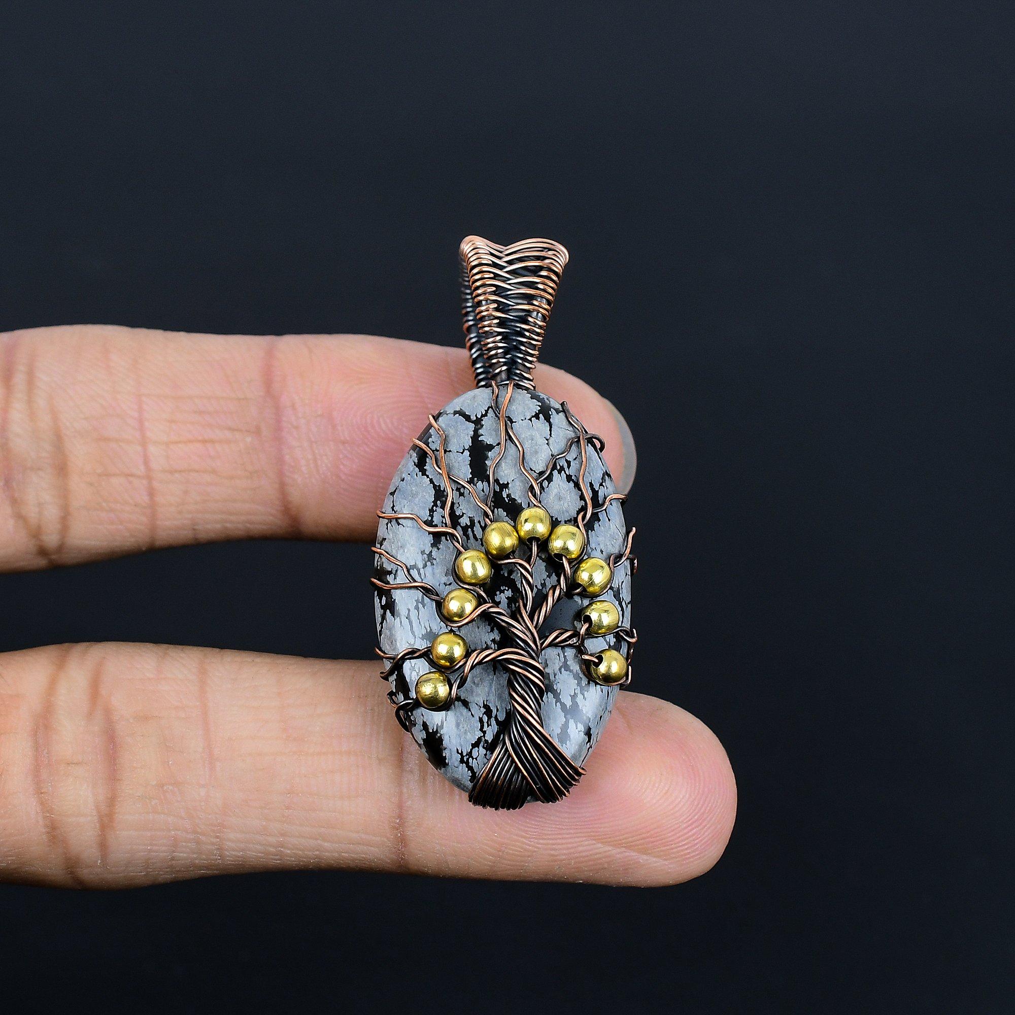 

Snowflake Obsidian Pendant, 999 Copper Wire Wrapped Gemstone Handmade Dainty Jewelry Pendant, For Her 2.85 Inches