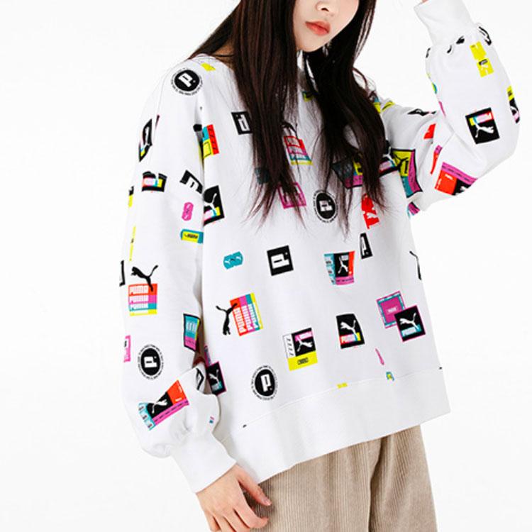 Puma All-Over Logo Print Loose Crew Neck Sweatshirt Women Tops White 535348-02