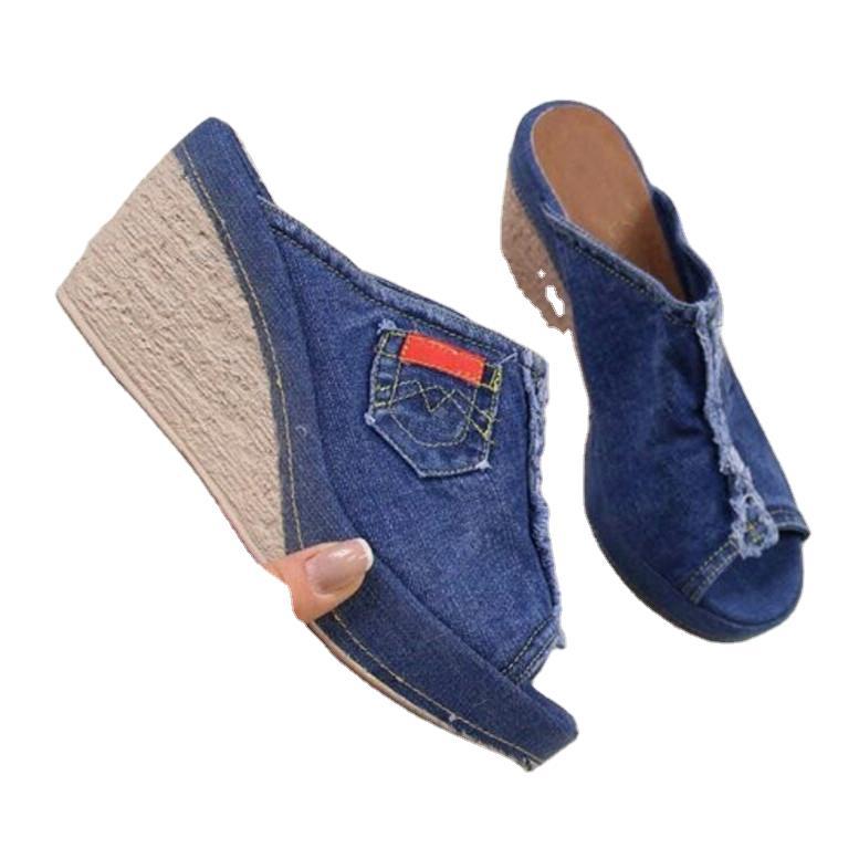 Summer Women's Shoes Denim Cool Slippers Women's Middle Heel Wedge Heel