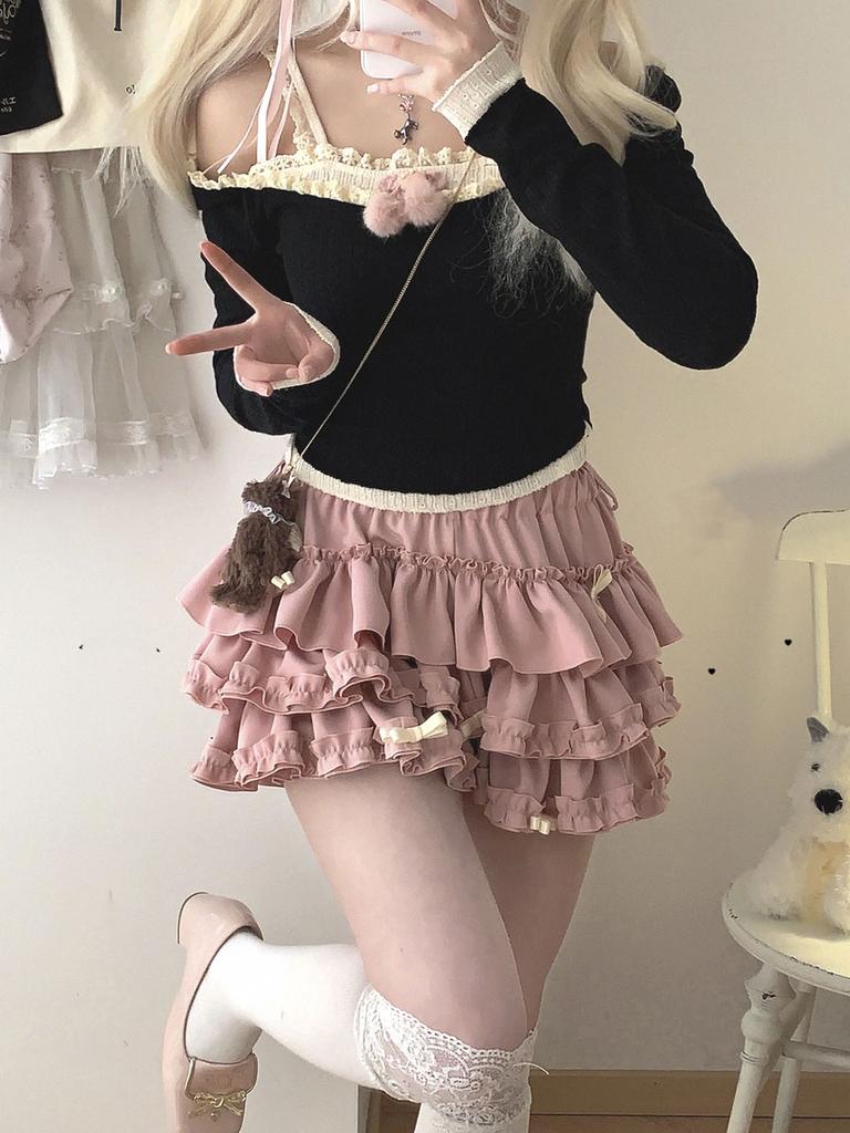 Bow Mini Skirt for Women Kawaii Cute Ruffle Cake Skirt Shorts Girls Harajuku Japanese Style Clothing