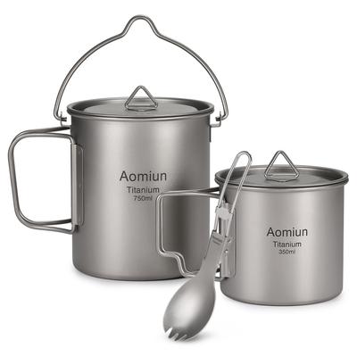 Aomiun Leichtes Titan-3-teiliges Set, Titan, 750 ml Topf, 350 ml Wasserbecher, Becher mit Deckel