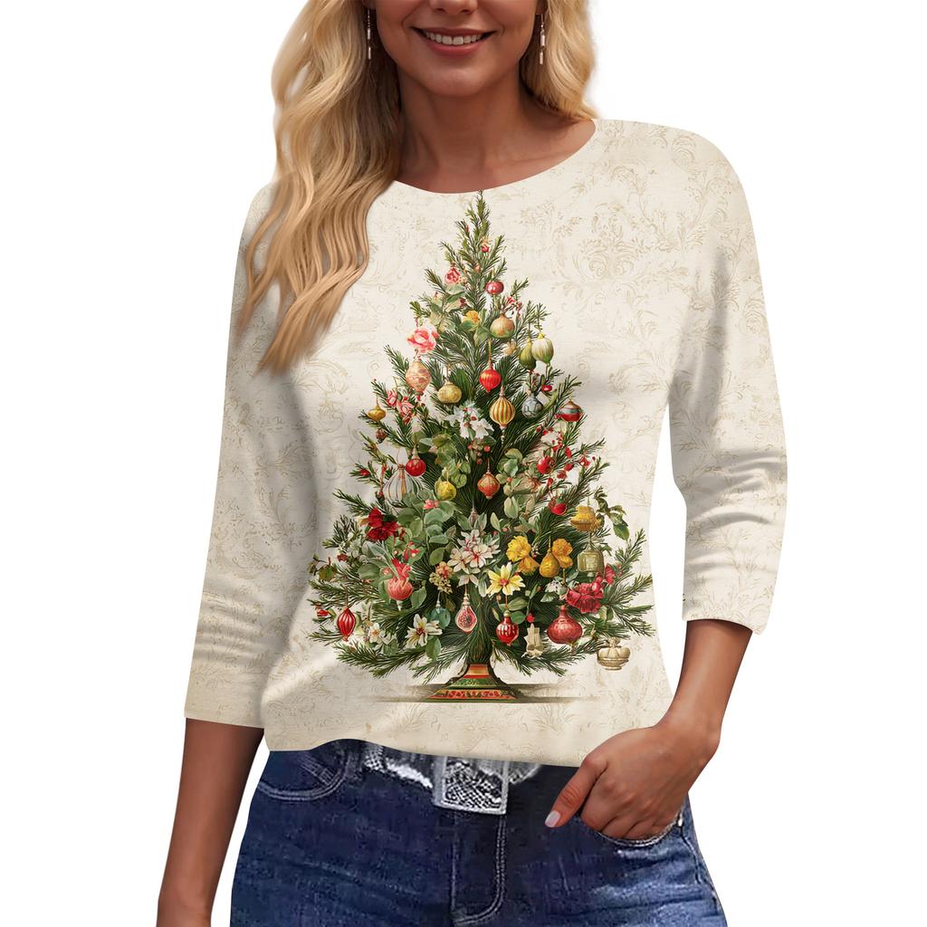 Women's Fashion Casual Round Neck 3/4 Sleeve Loose Printed T-Shirt Ladies Top