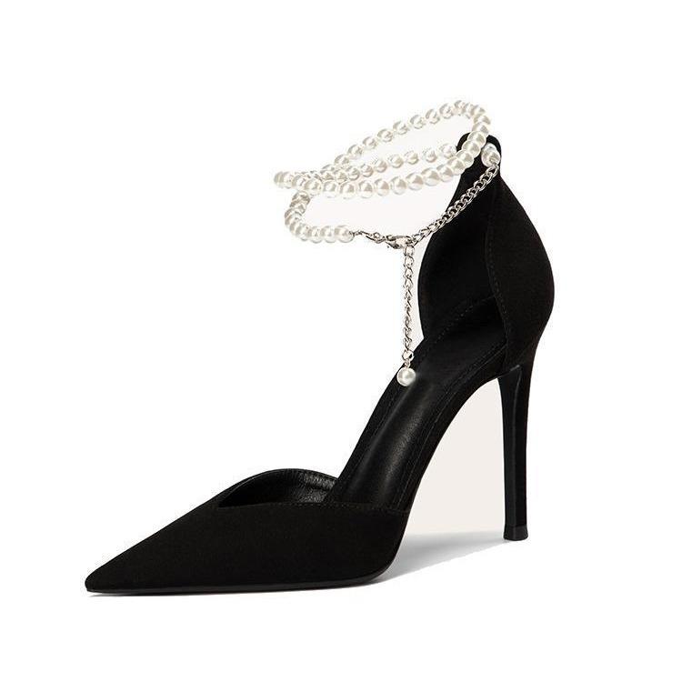 2025 new pointed stiletto high heels women's black suede one-word buckle sandals pearl high heels women's shoes