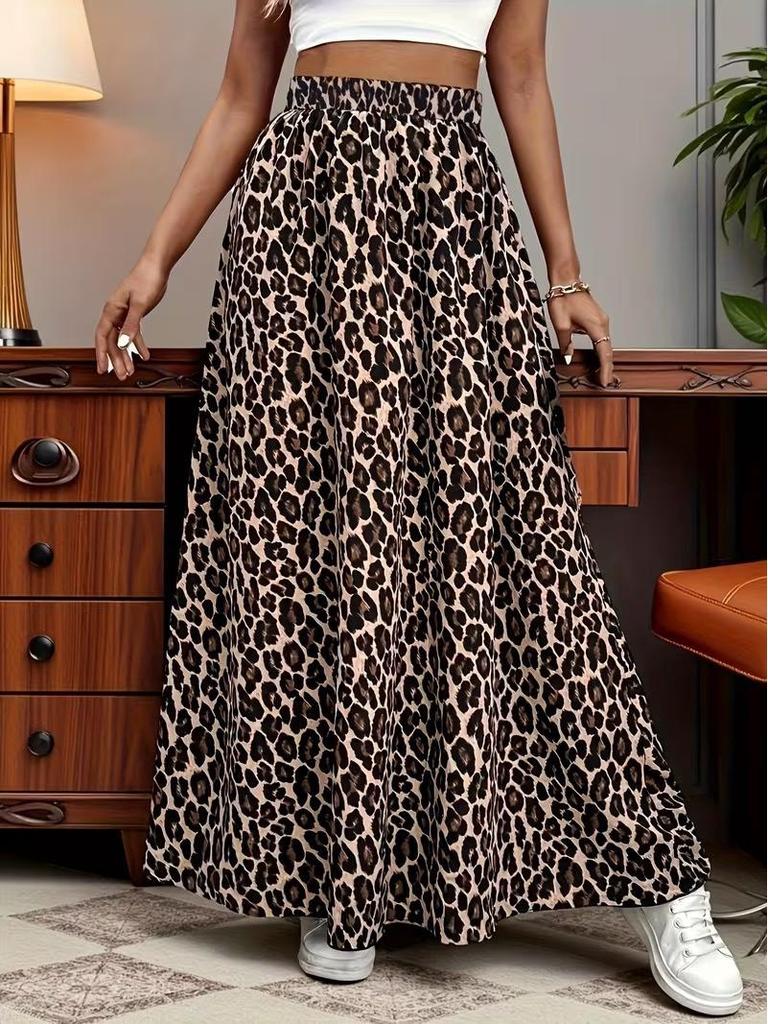 Elegant Leopard Print High-Waisted Skirt Women's Holiday Casual Long Dress