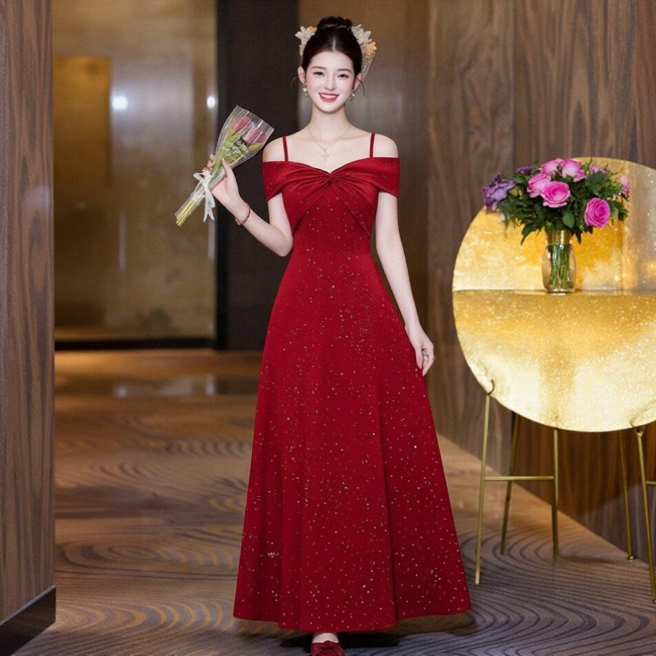 Suspender Shoulder Flash Red Toast Dress Long Bridal Engagement Dress Return Banquet Party Waist Skinny Dress