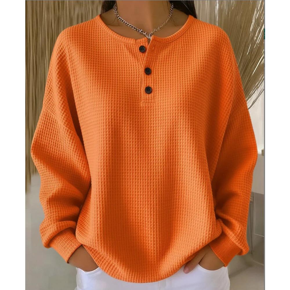Women's Crew Neck Three‑Button Placket Color‑Block Striped Waffle Knit Loose Long Sleeve Top
