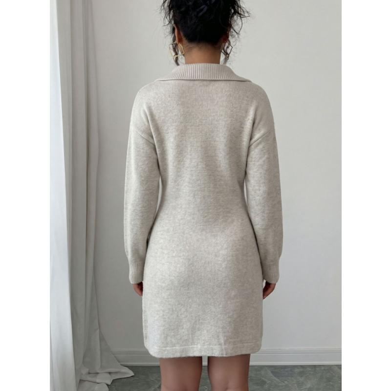 Women Autumn Winter Polo Collar Knit Mini Dress, 3D Floral Embroidery Long Sleeve Slim Waist Bodycon Short Sweater Dress