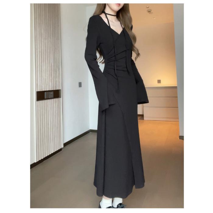 French Gentle Wind Long Sleeve Neck Dress Autumn and Winter New Sense Wear Waist Skinny Medium and Long Dress S чёрный