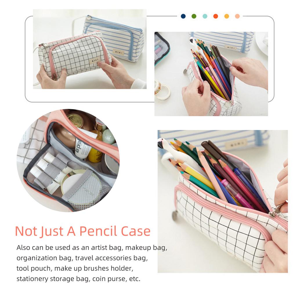 Cute Pencil Box Bag Big Storage Canvas Pencil Case with Pen Slot Mesh Pocket Stationery Organizer Makeup Brush Tool Pouch Gift for Student Children