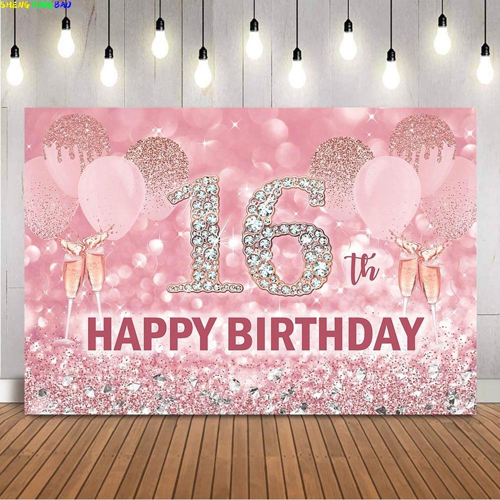 Happy 16th Birthday Backdrop for Photography Pink Glitter Girl Birthday Party Decoration Supplies Sweet 16th Champagne Backdrop