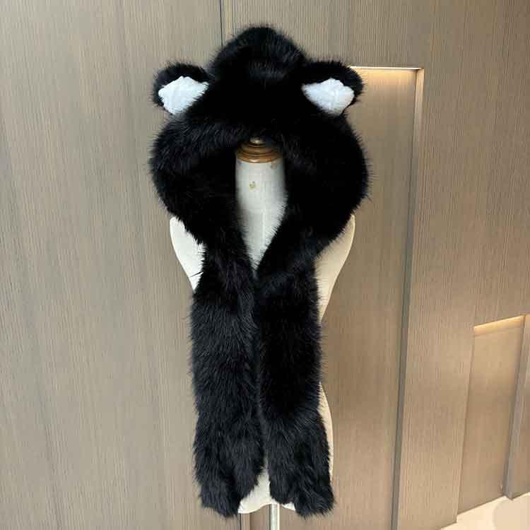 Милая шапка-шарф с ушками медведя из искусственного меха лисы, интегрированная плюшевая шапка, женская меховая шапка, теплая шапка-шарф с капюшоном для улицы One size чёрный