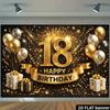2D Black Gold Balloons 18th Birthday Backdrop Black Gold 18 Gold Black Gold Balloons Fireworks Stars Accent Polyester No Power Required For