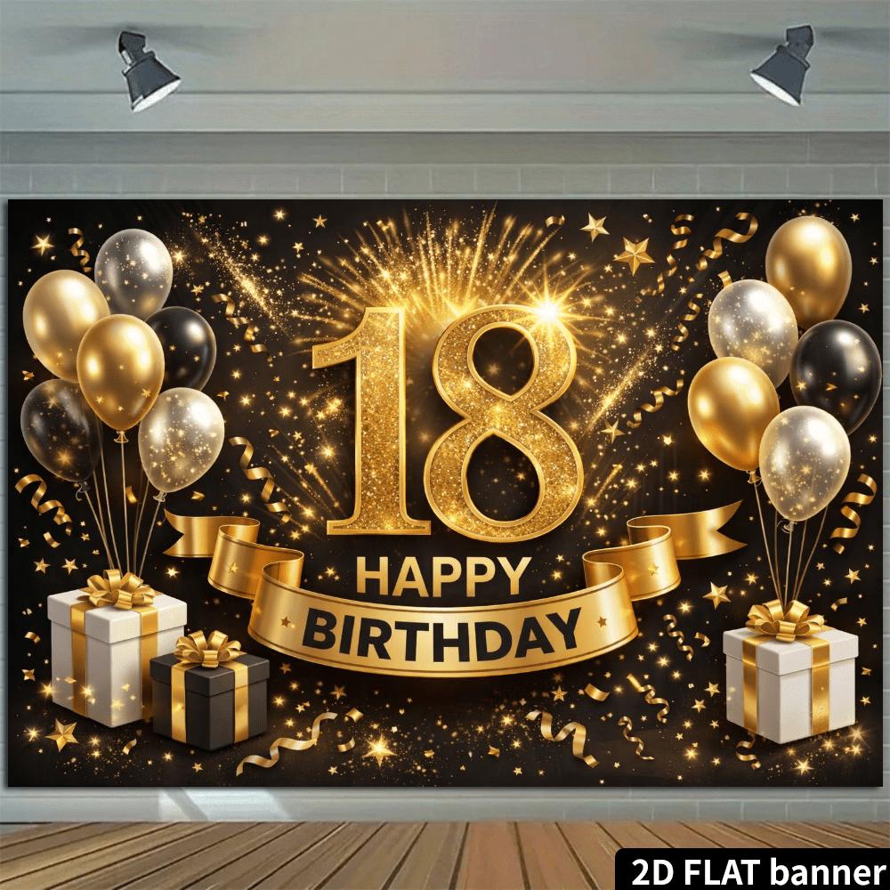 2D Black Gold Balloons 18th Birthday Backdrop Black Gold 18 Gold Black Gold Balloons Fireworks Stars Accent Polyester No Power Required For