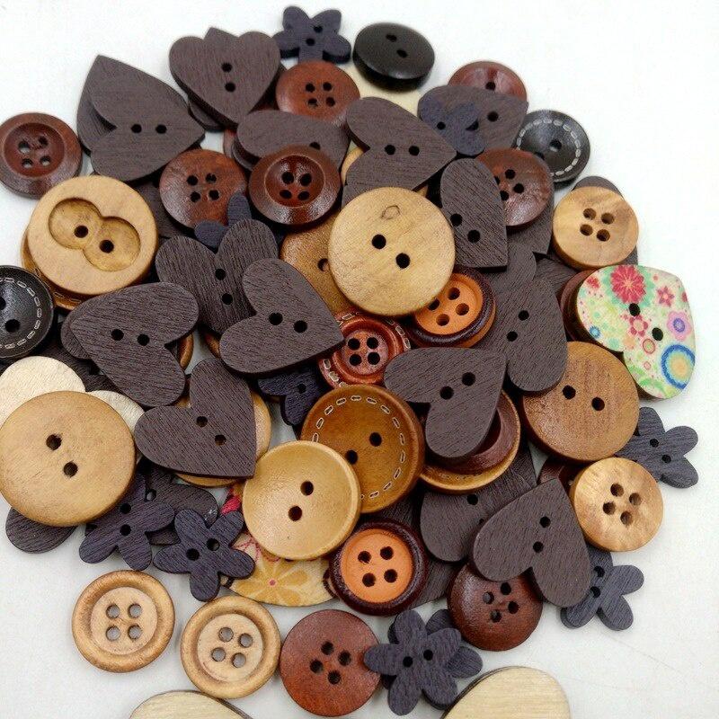 100Pcs/Bag Mix Shape Round Flower Wooden Buttons Lovely Sewing Wood Decorative Button for DIY Craft Clothes Accessories