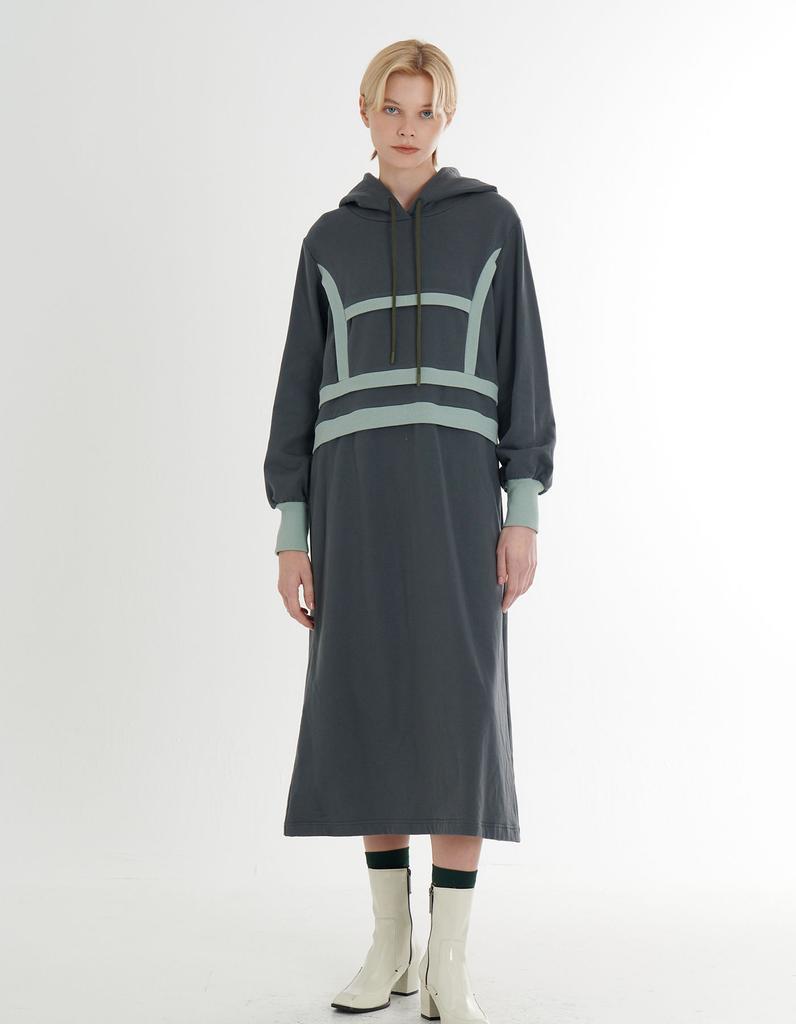 FREAKS BY KIMTAEHOON Cotton Spandex Terry Bag Brushed Fleece Structured Color Block Rib Detail Hooded Midi Dress _Dark Avocado Green