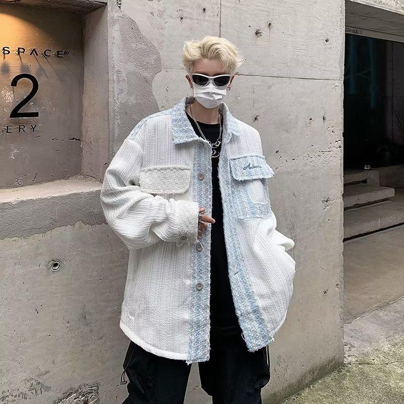 

Стираная джинсовая куртка Splicing Сезонная американская свободная мужская куртка для пары Дизайн модного бренда Топ 2XL белый