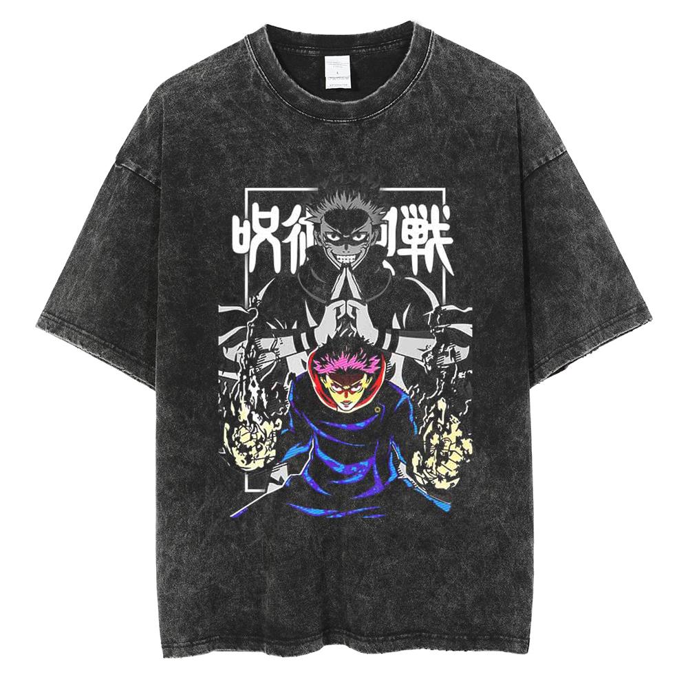Anime Jujutsu Kaisen Itadori Yuji Ryomen Sukuna Graphic Washed T Shirt Men Vintage Cotton T-shirts Harajuku Male Casual TShirt