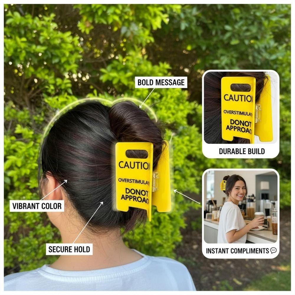 Strong Grip Overstimulated Hair Claw Clip Vibrant Yellow Warning Ponytail Holder  Mental Health