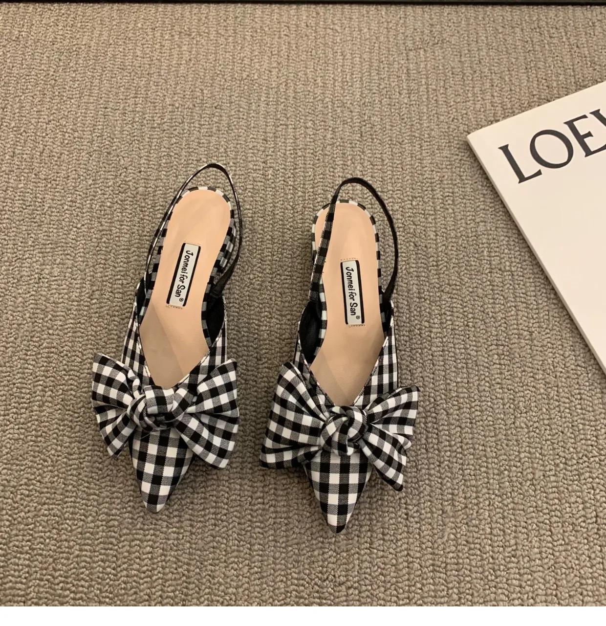 

Fashion Bow Sandals Women 2024 Summer Pointed Low Heel Sandals Women Fashion Baotou Thin Strap Sandals High Heels Sandalias De Mujer 39