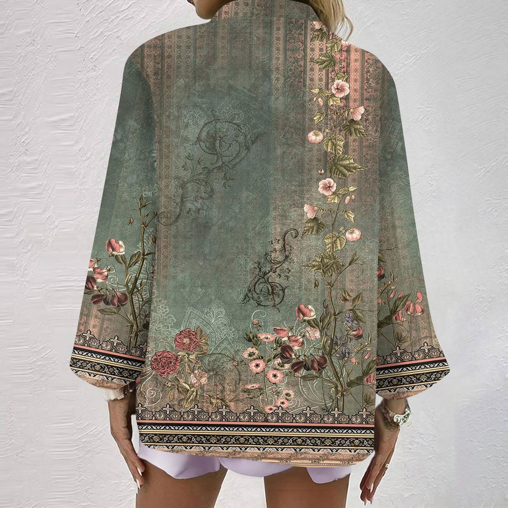 Camisa de Moda y Casual para Mujer Manga Larga Cuello en V Botones Estampada Blusa Top