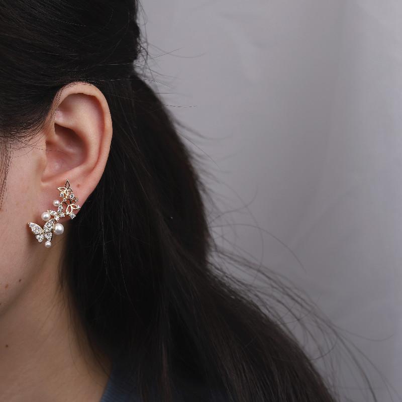 Korea New Fashion Jewelry 14K Real Gold Plating AAA Zircon Butterfly Asymmetric Earring Elegant Pearl Women's Daily Accessories