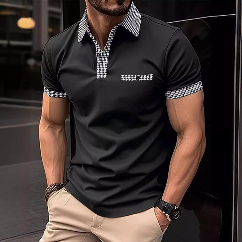 European American Style Men's Summer Short Sleeve Polo Shirt Button Turn Down Collar T-shirt Color Block Sports Rugby Shirt