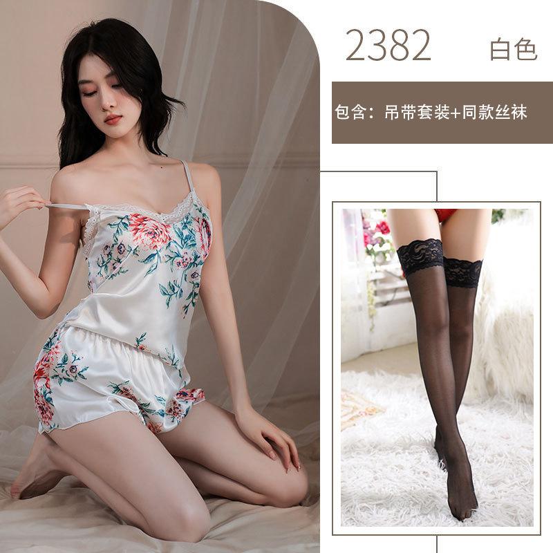 Sex Underwear Sexy Deep V Printed Suspender Lace Seduction Small Breast Shorts Set Pure Desire