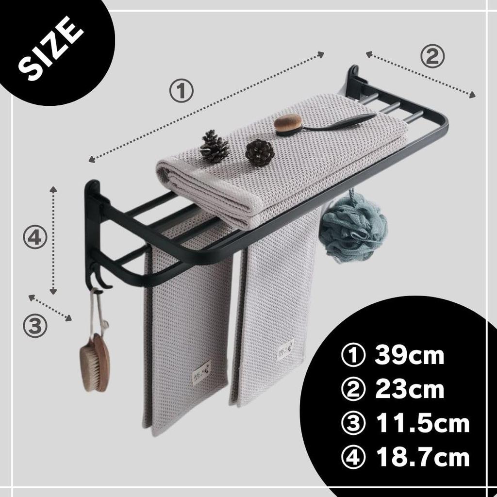 Solvanta Folding Towel with No Drilling Screw Aluminum Bath Towel Towel Suitable for and 39 x 23 x Black Wall-Mounted Rack, Two-Tier, Hooks,