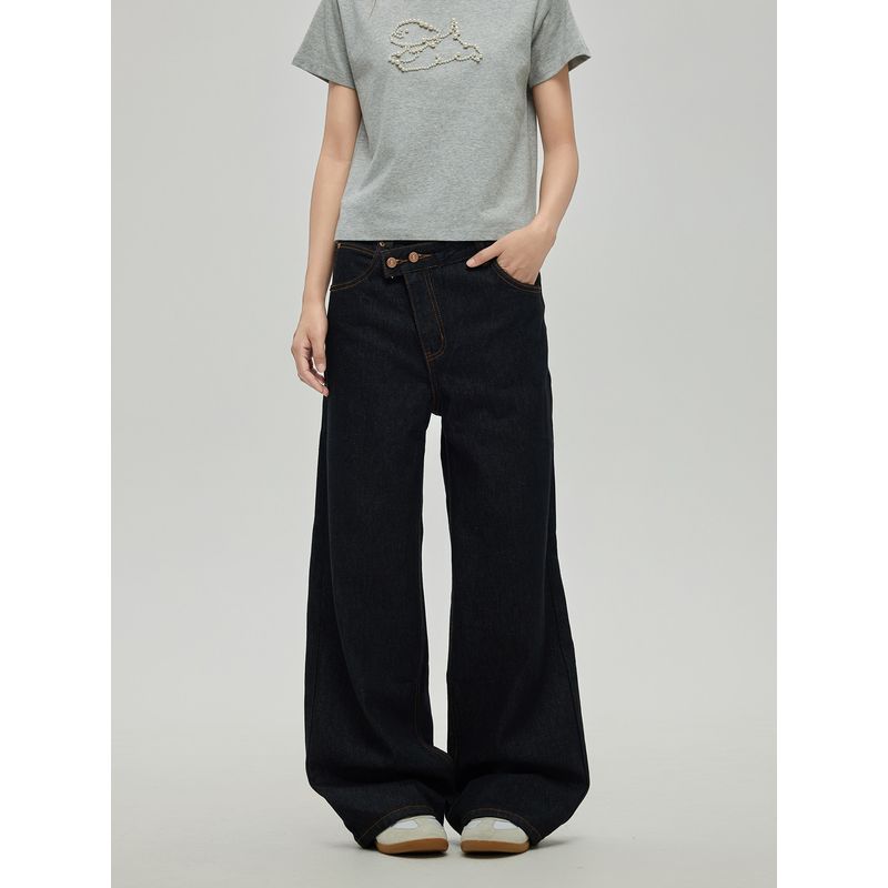 Black of Exit American High Street Letter Embroidery Irregular Design Jeans New Straight Wide-Leg Pants