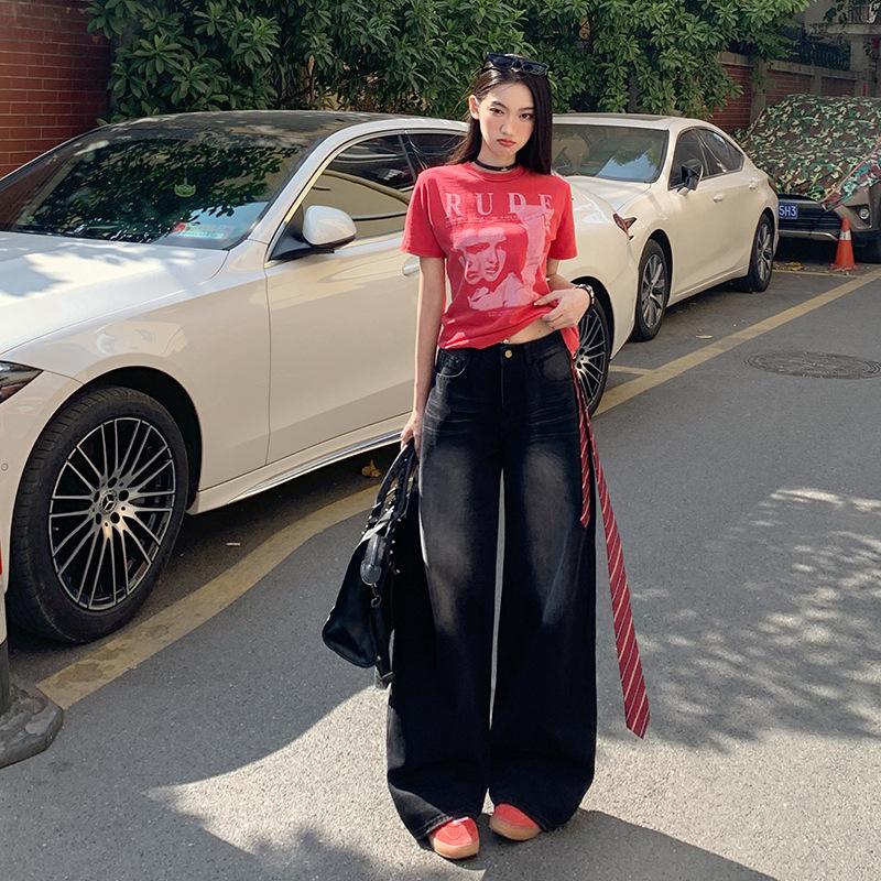 Retro Wide-leg Jeans for Women Spring High Waist Straight Loose Retro Blue Floor Pants for Women Spring Wide-leg Jeans for Women Spring