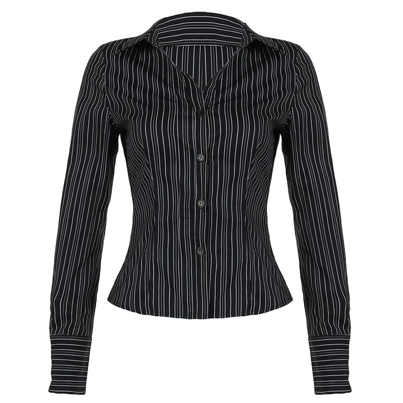 Fashion Chic Black Stripe Women Blouse Slim Long Sleeve Shirt Top Buttons-Up Casual Y2K Cardigan Retro