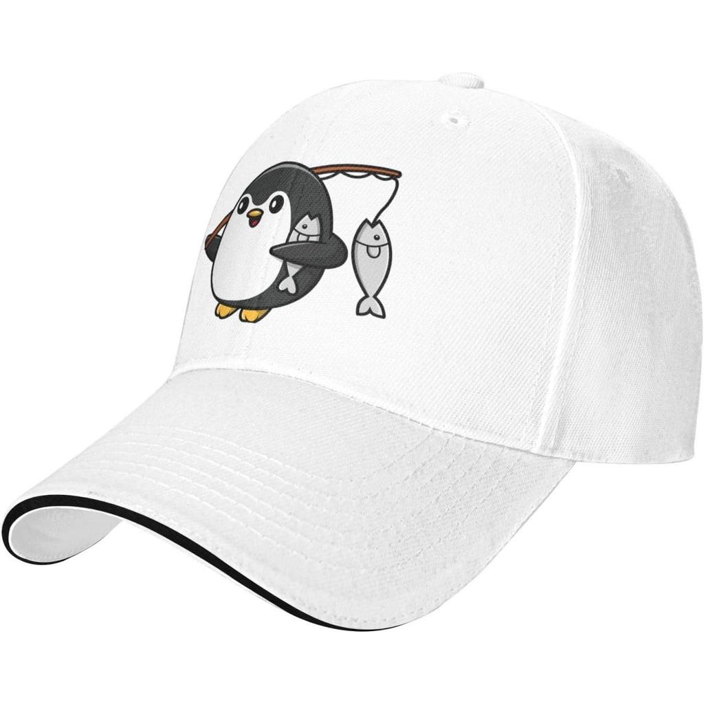 Cute Penguin Fishing Graphic Baseball Cap Polyester Adjustable Sun Hat for Adult Casual Sports