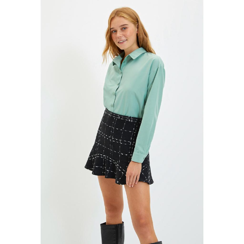 Black Flounced Tweed Fabric Mini Woven Skirt Twoaw22et0448
