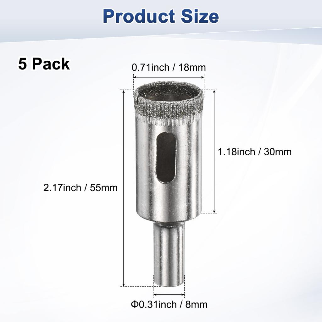 5pcs Diamond Hole Saw Drill Bit 3-18mm Glass Drill Bit for Ceramic/Marble/Granite Stone/Bottles/Tile Cutting [Silver Tone]