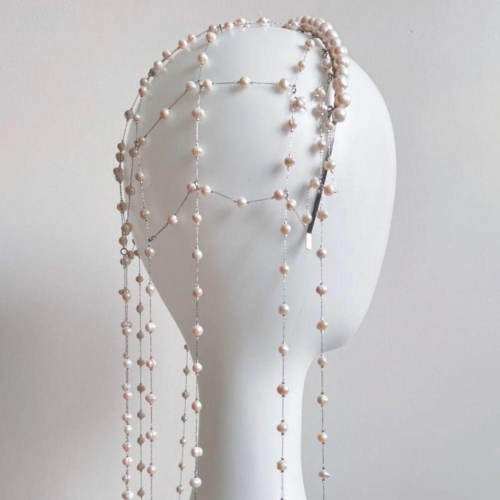 Long Tassel Bridal Hair Chain Imitation Pearl Tassel Headband  Special Occasions