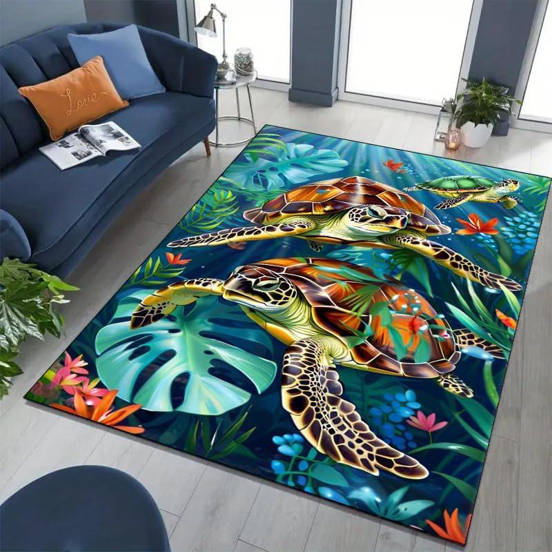 Colorful Turtle Area Rug Ocean Themed Room Rugs, Soft Washable Non Slip Ocean Area Rug Ocean Room Coral Rug for Kids Room Mat