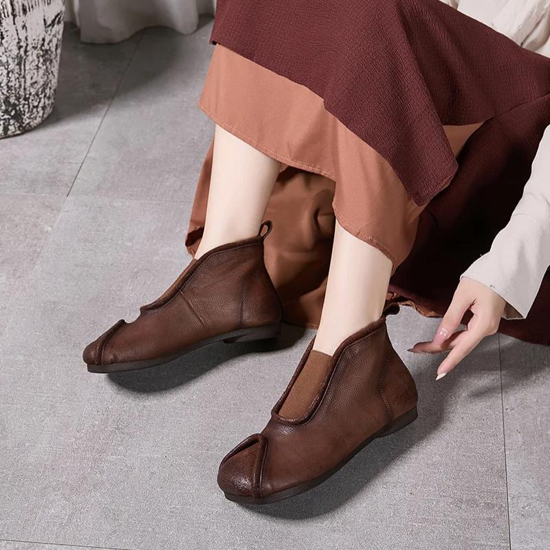 Johnature Handmade Vintage Genuine Leather Flat Ankle Boots Round Toe Soft Cowhide Women's Slip-on Shoes