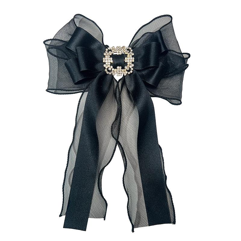 Korean Gauze Ribbon Black Oversized Bow Tie Handmade Women's Lolita Pin Brooch Accessories 23*17cm Rhinestones Collar Flower
