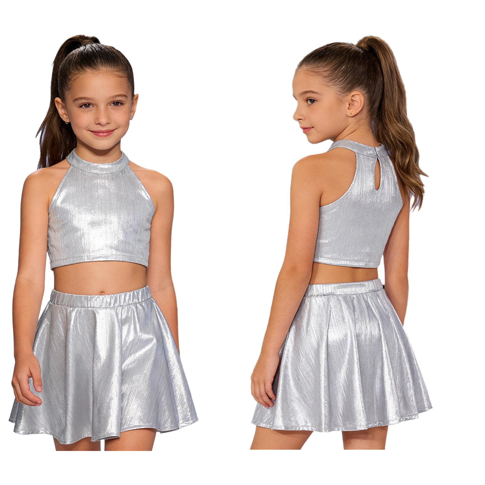 Kids Girls Cheerleading Chorus Performance Costume Metallic Ribbed Dance Outfit Sleeveless Vest with Elastic Waistband Skirt XS белый