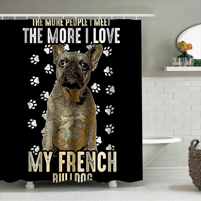 Decorative Dog Print Shower Curtain French Bulldog Design, White Paw Prints, Premium Quality Fabric, Waterproof Bath Mat Set For