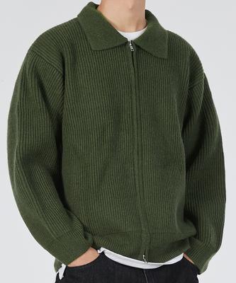 GLW Two-Way Heavy Ribbed Collar Knit Zip-Up Khaki