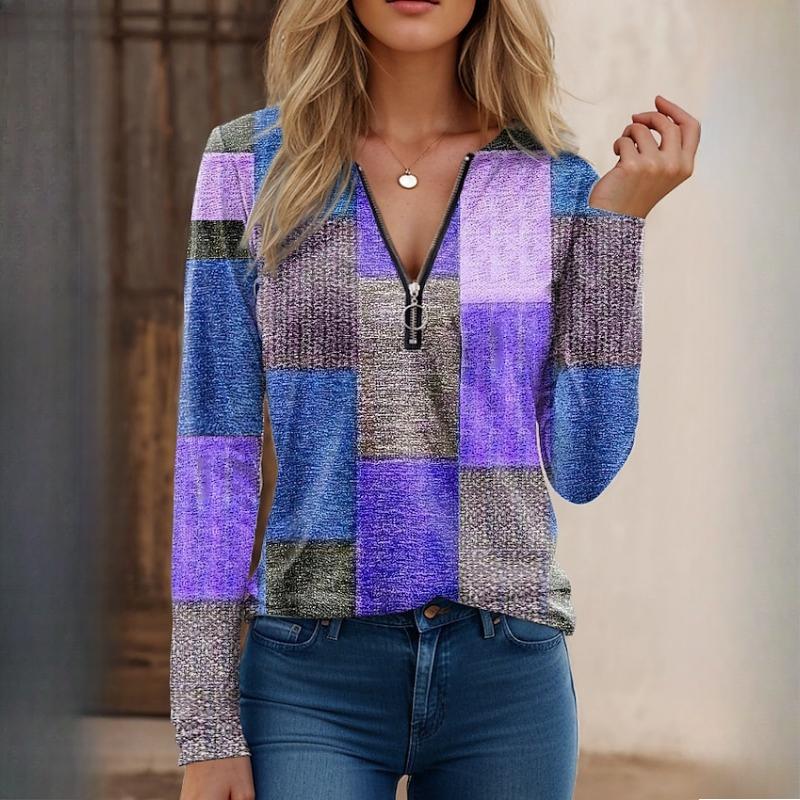 EastRogue Autumn and Winter Women's Fashion Casual Loose Printed V-Neck Zip Long Sleeve Cashmere T-Shirt