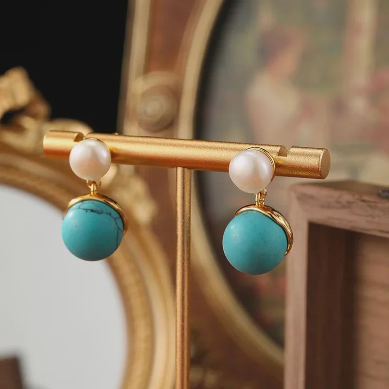 Sterling Silver Freshwater Pearl and Turquoise Retro Earrings - Unique Autumn/Winter Design