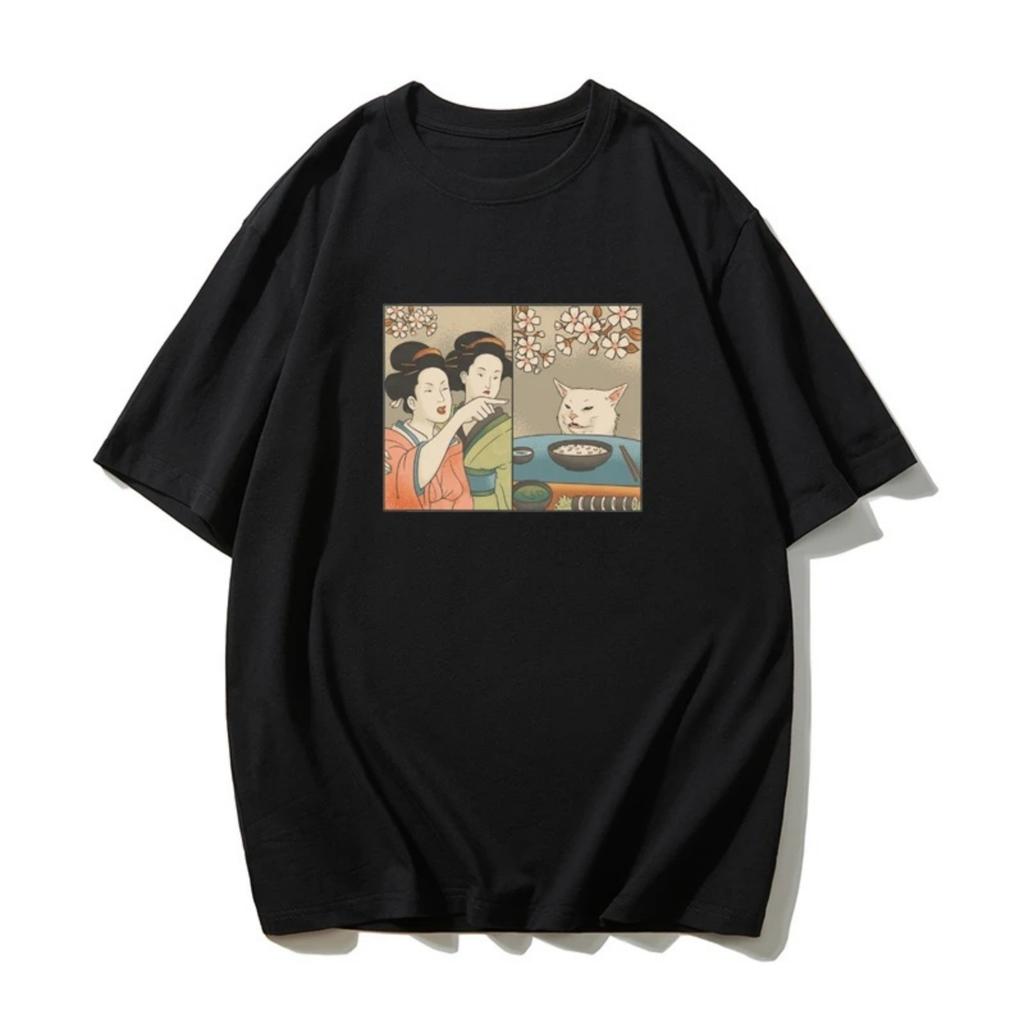 2025 Summer ukiyo-e style Women Shouting cat Japanese ins style short sleeve T-shirt loose casual cotton base shirt summer