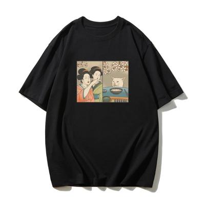 2025 Sommer Ukiyo-e Stil Damen Schreiende Katze Japanischer Ins Stil Kurzarm T-Shirt Locker Freizeit Baumwolle Basishemd Sommer