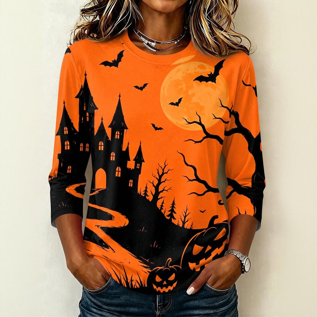 Women's Casual Crew Neck Three Quarter Sleeve Halloween Print T Shirt Top Lightweight Comfortable Fit Suitable for Daily Wear