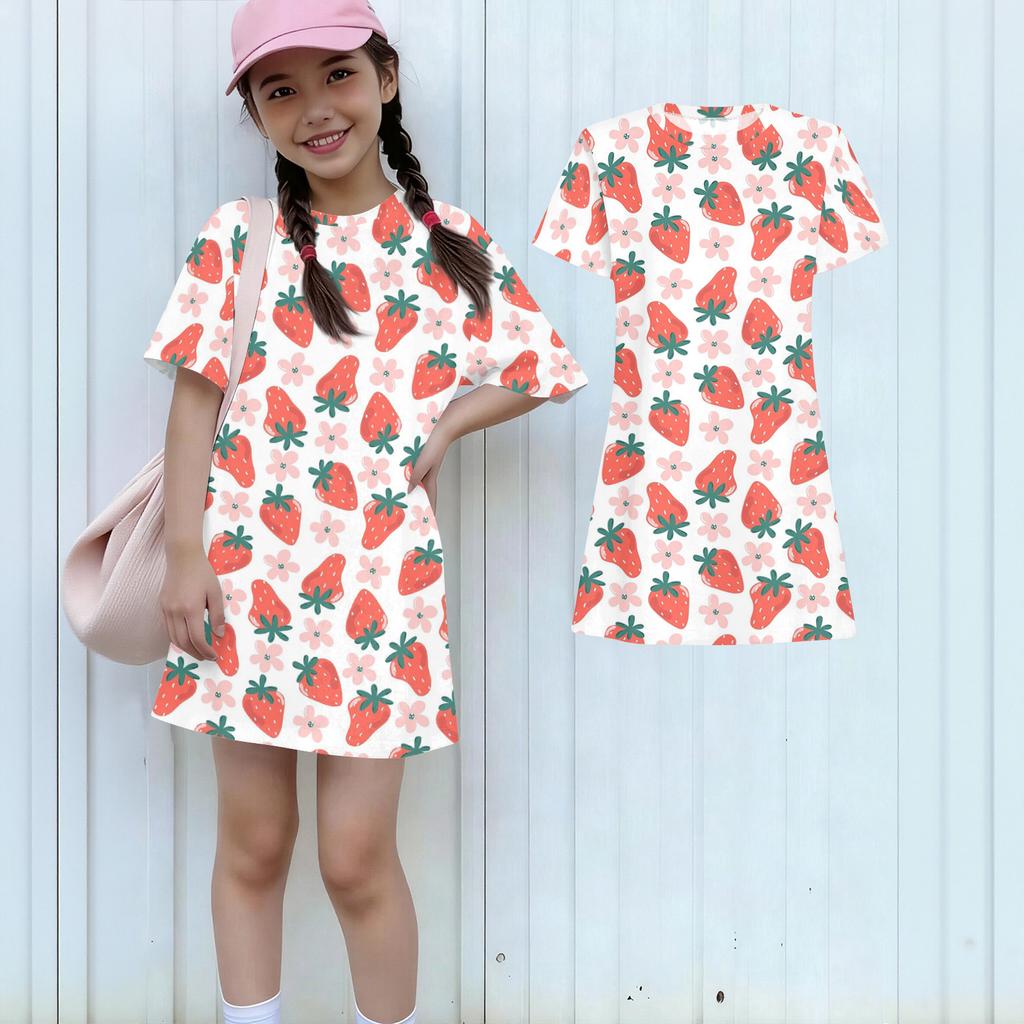 Girls Print Casual Dress Kids Loose Round Neck Short Sleeve Thin Sundress