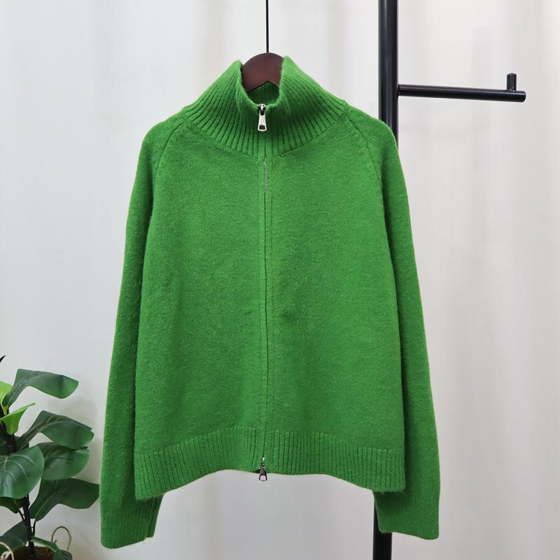 Thickened double zipper sweater jacket autumn and winter new loose solid color casual versatile knitted cardigan women