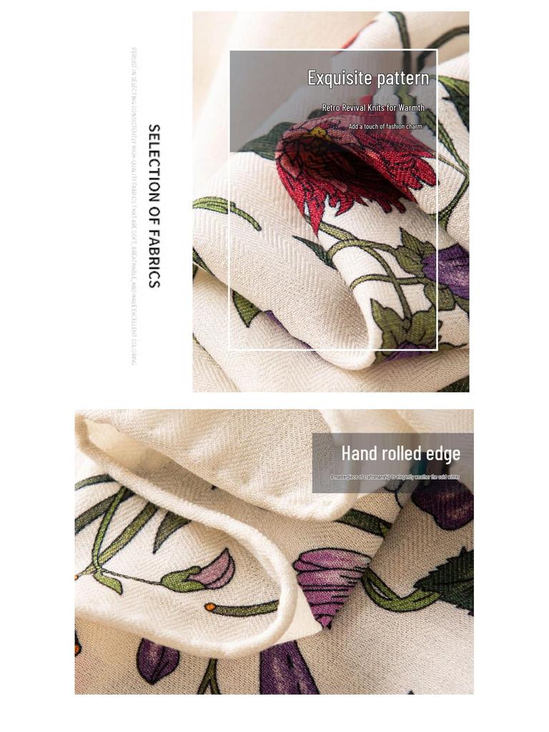 Eșarfă tip snood din lână mătăsoasă cu imprimeu floral față-verso pentru femei - Șal elegant, luxos, ușor