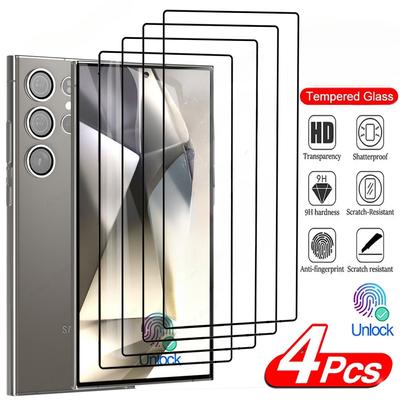 4-teiliges voll gehärtetes Glas für Samsung Galaxy S24 Ultra S23 FE S22 S21 Plus Displayschutzfolie Fingerabdruck-Entsperrungsschutzglas
